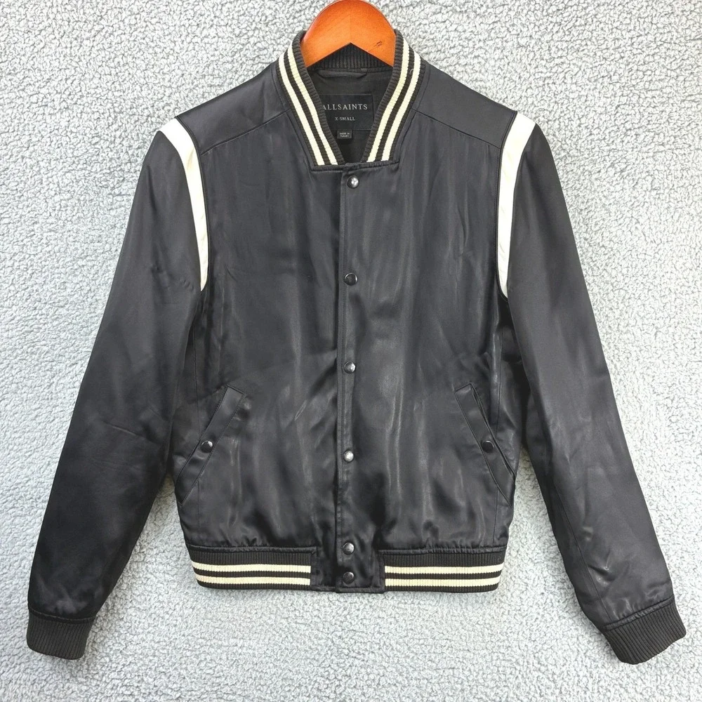 AllSaints Matsu Varsity Bomber Jacket Mens XS Black White Striped Trim Snap